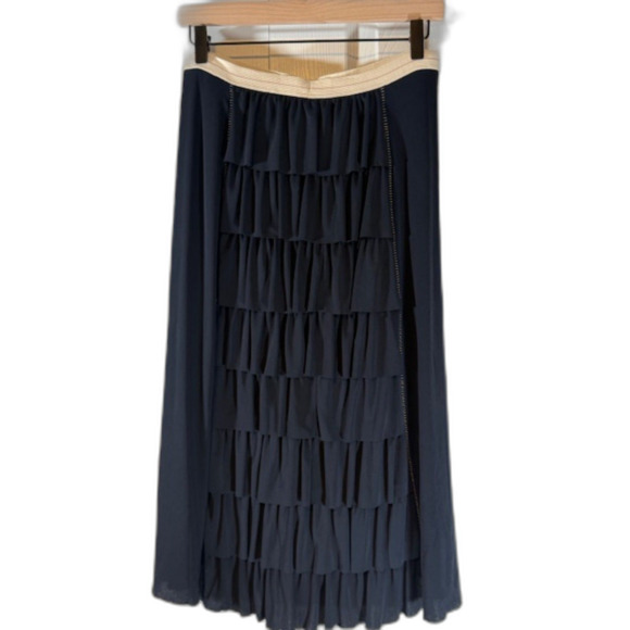 Rozae Nichols Navy Tiered Ruffle Skirt S Made USA Designer Contemporary Luxury - Picture 4 of 9